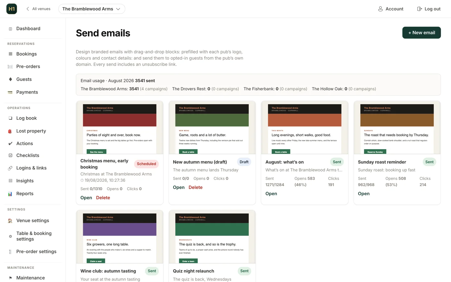 The Hendra One email screen: branded campaigns for a pub, each card showing how many were sent, opened and clicked.