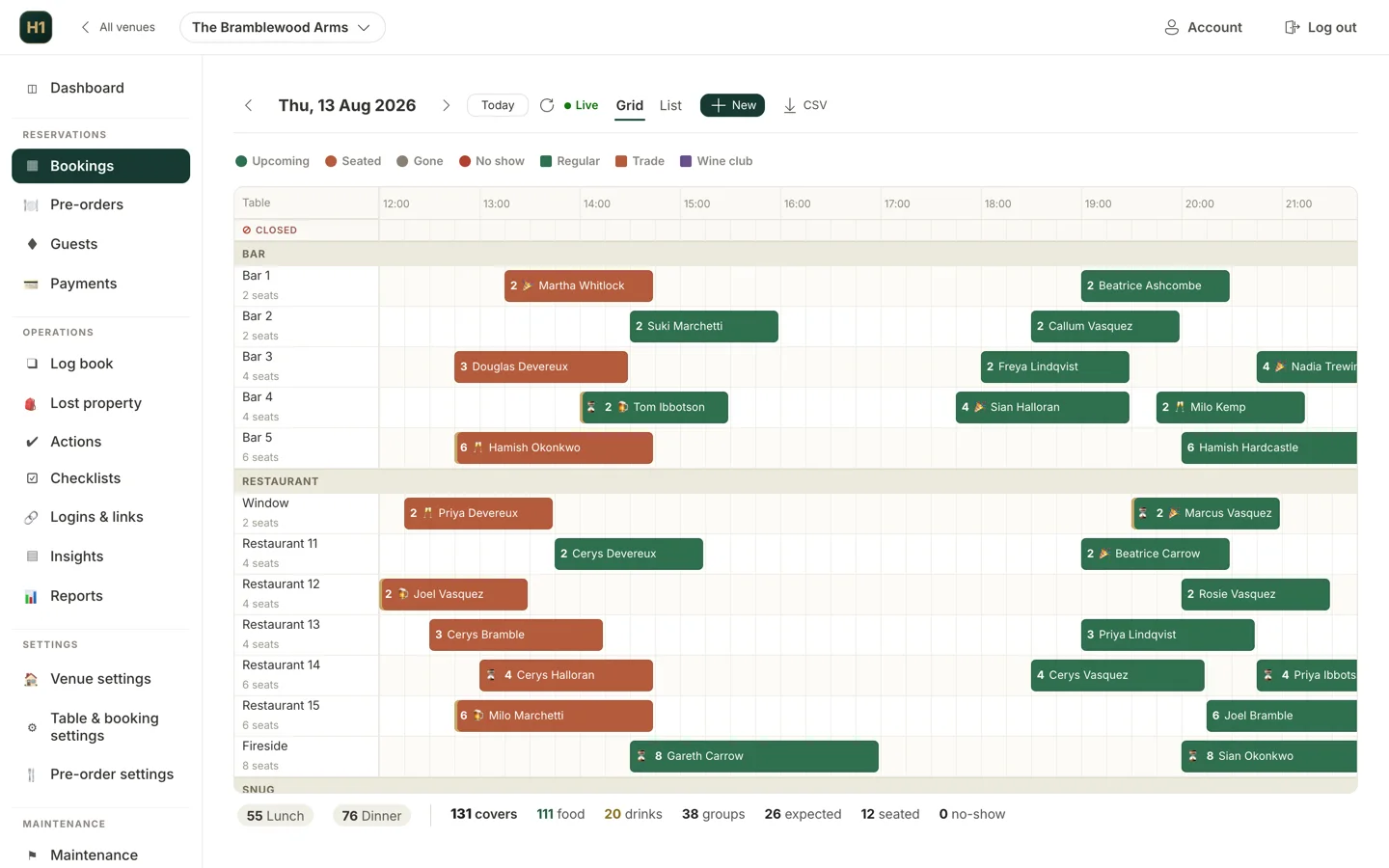 The Hendra One booking diary on a laptop: a Saturday service laid out table by table, with covers, sittings and arrival times across the day.