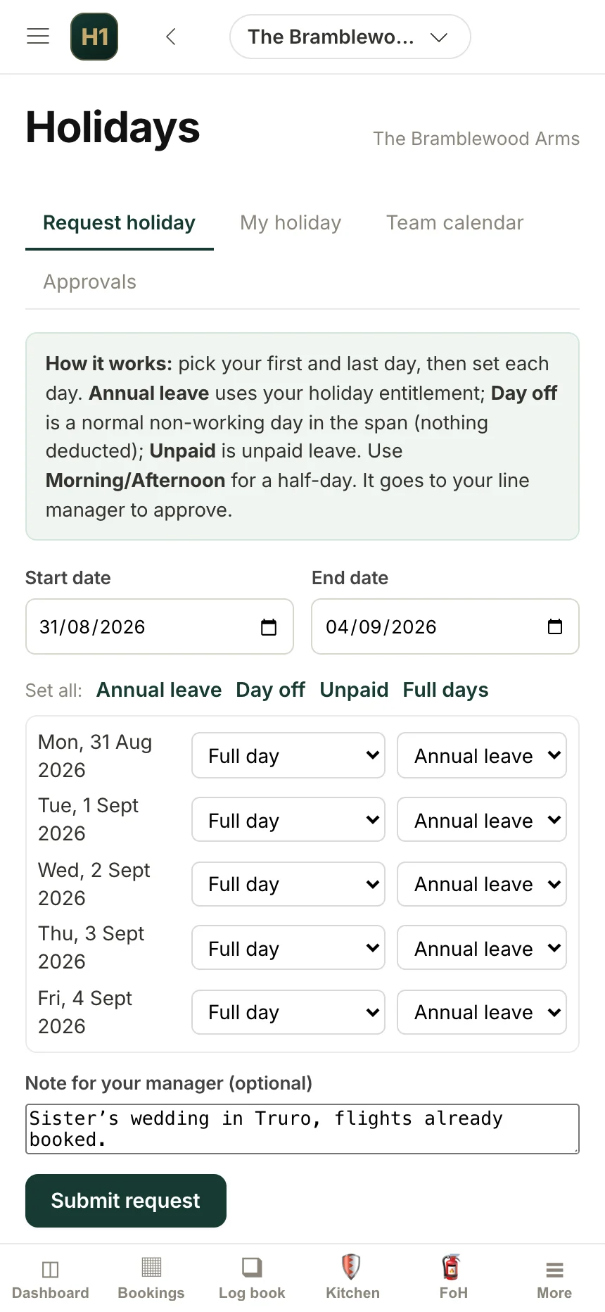 A holiday request on a phone: a week booked off day by day, with a note for the line manager who will approve it.