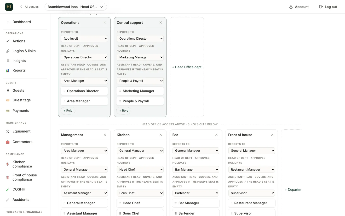 The Hendra One company structure builder: head office departments above the line and site departments below, each with its head, assistant and who it reports to.